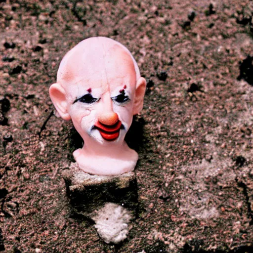 Prompt: a 35mm photograph of a small clown made out of wax that is melting in the sun