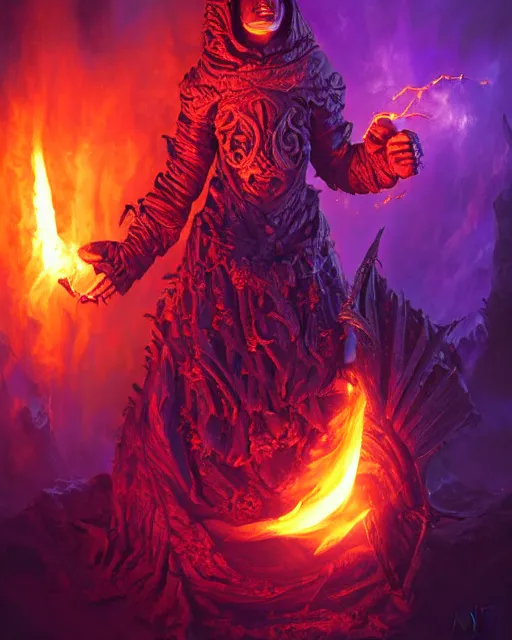 Prompt: pyromancer necromancer cover in purple flames, deep pyro colors, purple laser lighting, award winning photograph, radiant flares, realism, lens flare, intricate, various refining methods, micro macro autofocus, evil realm magic painting vibes, hyperrealistic painting by michael komarck - daniel dos santos