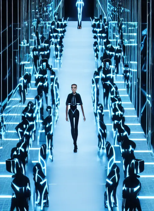 Image similar to hyperrealistic and heavy detailed balenciaga runway show of tron, leica sl 2 5 0 mm, vivid color, high quality, high textured, real life