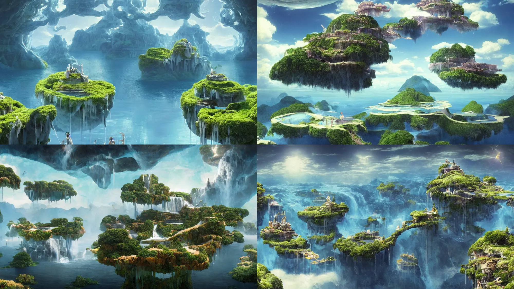 Image similar to floating islands with waterfalls connecting each other whimsical surrealism, based on child's drawing, lsd trip, dream recording, deep - space imaging fantastical setting isometric view octane render, art by salvador dali, greg rutkowski studio ghibli