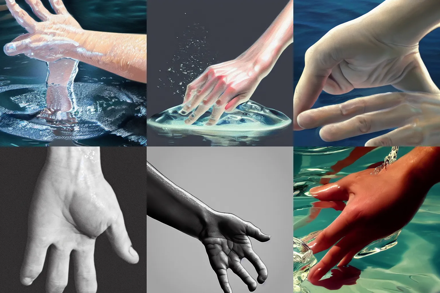 Prompt: a bare hand reaching down in the water, crystal clear water, light refraction. in the style of hand study, artstation trending