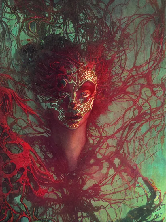 Prompt: ( underwater ) middle length portrait of a living goo glowing cyborg leshy girl, cinematic light, looking to the side off camera, backlight glow, green bright red, mist, by mikhail vrubel, by philippe druillet, by peter elson, by gerald brom, muted colors, extreme detail, trending on artstation, 8 k