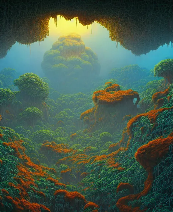 Image similar to simplicity, an simple structure made out of exotic fungus, overgrown with lush floral jungle, partly cloudy, hellscape, hell, fire, brimstone, lava, by dan mumford, yusuke murata, makoto shinkai, ross tran, cinematic, unreal engine, cel shaded, featured on artstation, pixiv