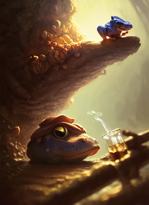 Prompt: cute toad alchemist smoking a wooden pipe, subsurface scattering, by jesper ejsing, justin gerard, tomasz alen kopera, cgsociety and fenghua zhong, highly detailed, rim light, cinematic lighting, illustration, art, octane render, very coherent, cinematic, hyper realism, high detail, octane render, 8 k