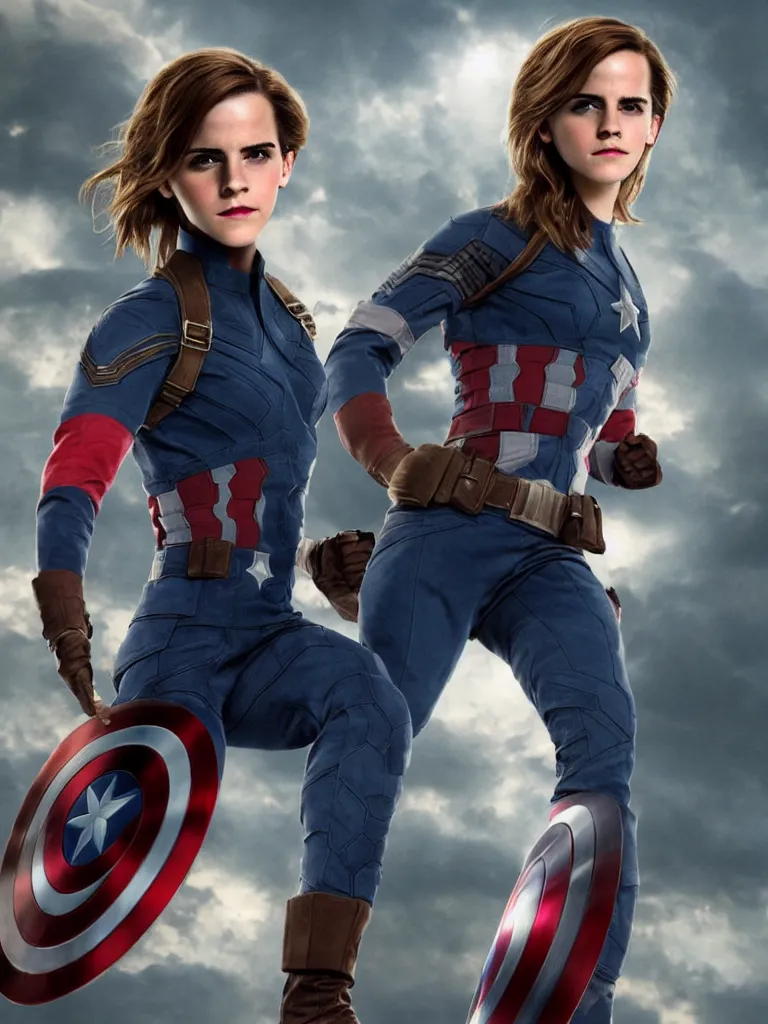 Image similar to emma watson as captain america, hyper realistic