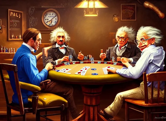 Image similar to playing poker in a saloon, Isaac Newton and Stephen Hawking and Albert Einstein, by Mandy Jurgens, trending on artstation, Richard Schmid and norman rockwell