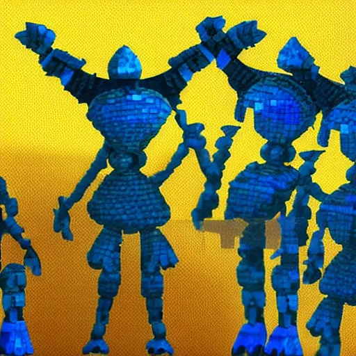 Image similar to tiny blue aliens made of living pixels, resembling knights and nobles. blue skin, colorful hair, feudal society. examined by human scientists, human for scale.