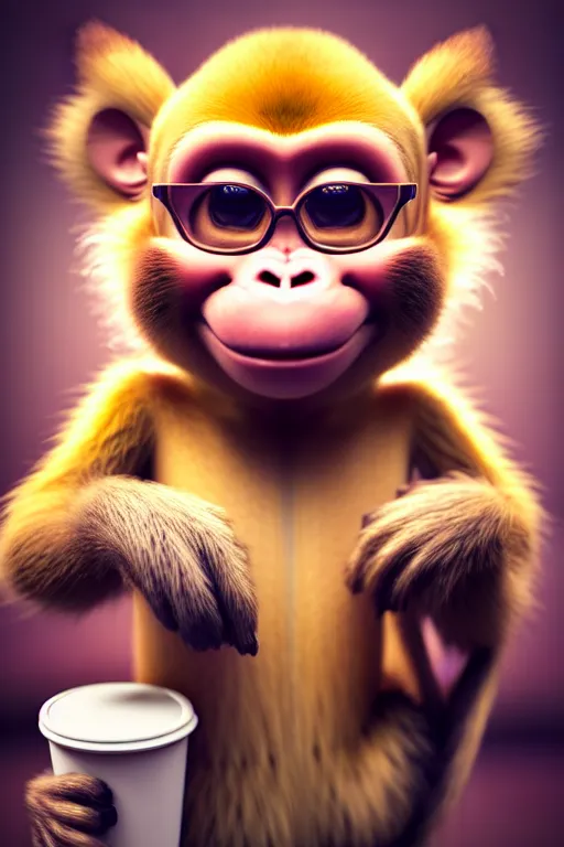 Image similar to high quality 3 d render hyperrealist very cute monkey with a starbucks coffee, vray smooth, in the style of detective pikachu, hannah yata, very dramatic light, low angle, uhd 8 k, shallow depth or field