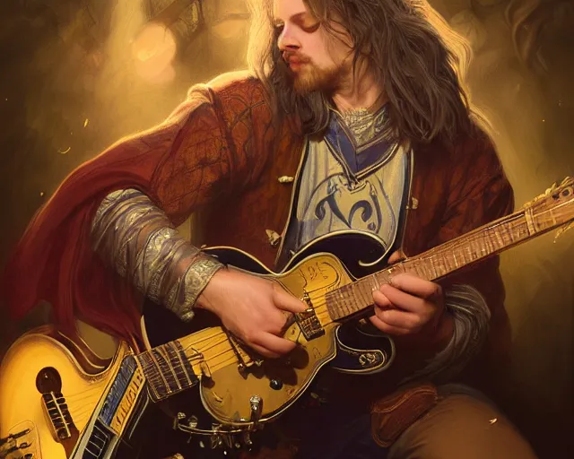 Prompt: photography of bard in a band shirt playing an electric guitar at a tavern concert, 8 k, deep focus, d & d, fantasy, intricate, elegant, highly detailed, digital painting, artstation, concept art, matte, sharp focus, illustration, hearthstone, art by artgerm and greg rutkowski and alphonse mucha