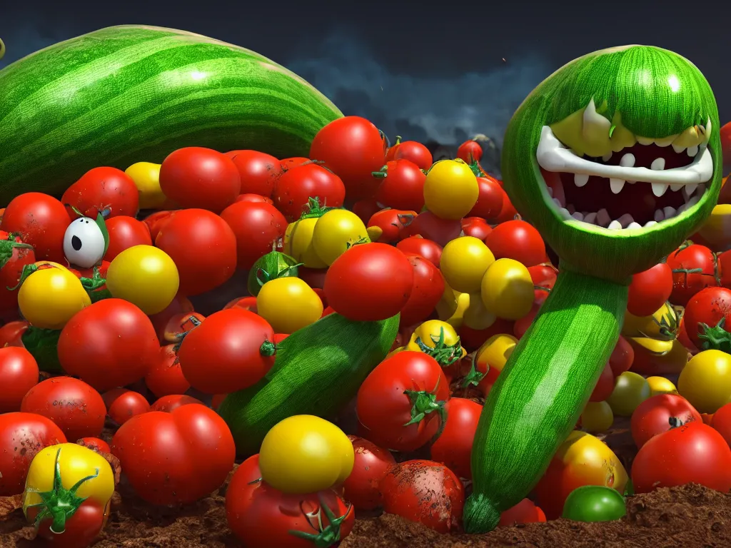 Image similar to highly detailed 3 d render of a raging mad angry zucchini character, dirt road, scared tomates scattered everywhere, high speed action, explosions, dramatic scene, hyper realistic octane render, cinematic lighting, tomato splatter, deviantart, black sky, lowbrow, surrealism, pixar still, mayhem