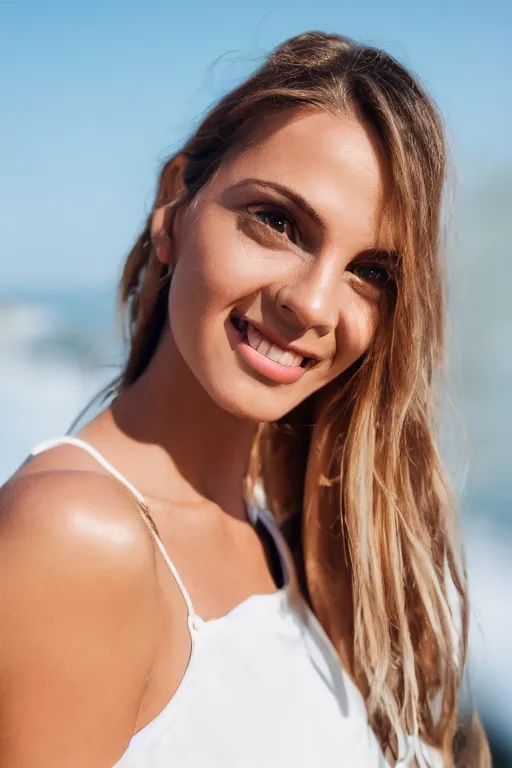 Prompt: olive skinned female model in her thirties, wearing white dress, focused on neck, photo realistic, extreme detail skin, natural beauty, smiling, no filter, slr, golden hour, 4 k, high definition, selfie