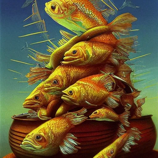 Image similar to surprised fish sitting on the top of a pile of fish, all the fish are inside a cooking pot on fire, side view, by vladimir kush, dystopian art, rococo