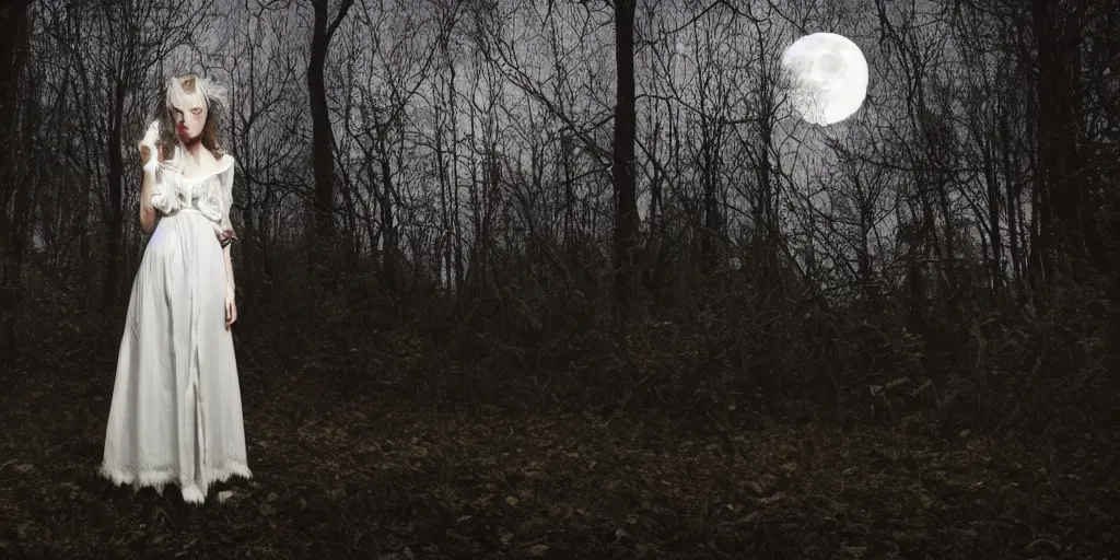 Image similar to a vampire woman in a white lace dress, standing in a dark forest with the moon shining brightly