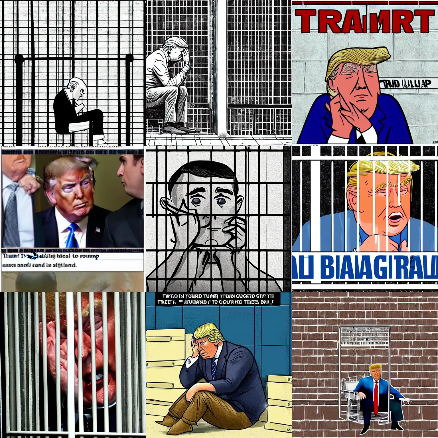 Prompt: trump sitting in jail, crying, tears, sad, depressed