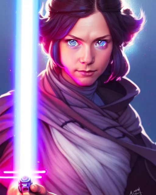 Prompt: gorgeous blue eyed brunette girl!! pink lightsaber! jedi, fire emblem, art by artgerm and greg rutkowski and magali villeneuve, portrait, d & d, fantasy, highly detailed, digital painting, trending on artstation, concept art, sharp focus, illustration