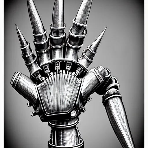 Prompt: robot hand drawing robot hand, by tony diterlizzi, tim burton, hr giger, ilford hp 5, 5 5 mm, machinecore by artgerm, 3 d render, gothcore, beeple, joseph leyendecker, carlo carra