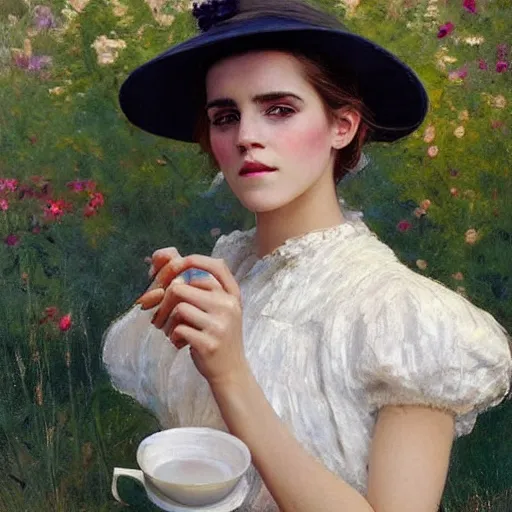 Prompt: closed eyesthick paint brush strokes full body fashion model emma watson by Jeremy Lipking by Hasui Kawase by Richard Schmid (((smokey eyes makeup eye shadow fantasy, glow, shimmer as victorian woman in a long white frilly lace dress and a large white hat having tea in a sunroom filled with flowers, roses and lush fern flowers ,intricate, night, highly detailed, dramatic lighting))) , high quality