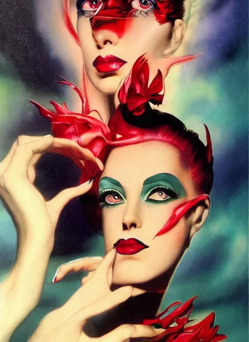 Image similar to an 8 0 s portrait of a woman with dark eye - shadow and red lips with dark slicked back hair dreaming acid - fueled hallucinations by serge lutens, rolf armstrong, delphin enjolras, peter elson