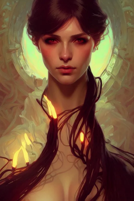 Image similar to a beautiful necromancer woman, fantasy, portrait, sharp focus, intricate, elegant, digital painting, artstation, matte, highly detailed, concept art, illustration, ambient lighting, art by ilya kuvshinov, artgerm, Alphonse mucha, and Greg Rutkowski