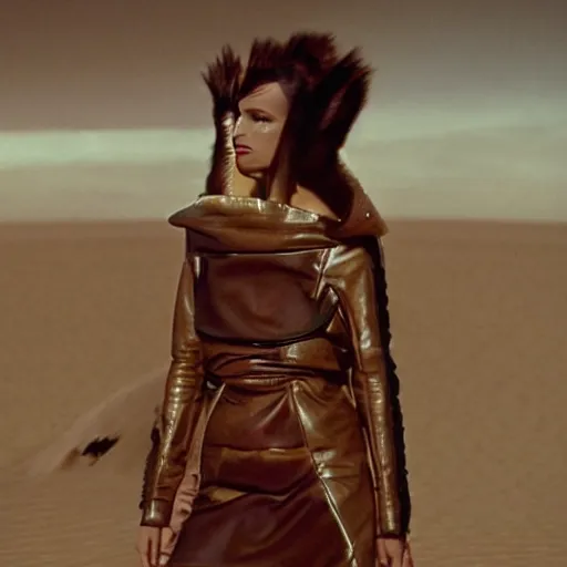 Prompt: avant - garde fashion model in leather, still from movie dune, highly detailed