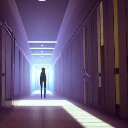 Prompt: long dark corridor with purple lights illuminating the reflective, tile floors, with a woman in a plain, white mask, and wielding a crowbar, standing at the end of the corridor. high quality, unreal engine 5 render, high quality render, octane render, photo realistic, ultra detail, cinematic lighting, realistic, reflective, rtx