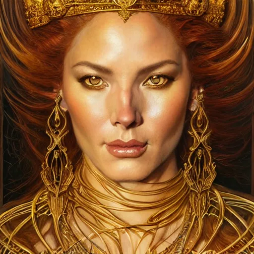 Image similar to highly detailed portrait of a majestic lioness queen in the form of a beautiful woman. d & d. art by donato giancola, george b. bridgman, ruan jia, alberto vargas. trending on artstation, intricate details, energetic composition, golden ratio, concept art, illustration, elegant art, global illuminaition