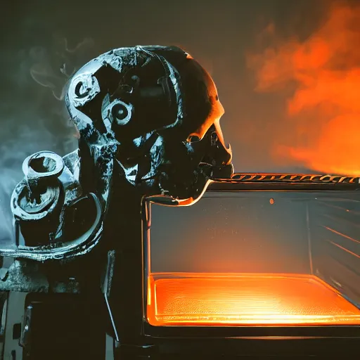 Image similar to toaster oven mecha head, dark messy smoke - filled cluttered workshop, dark, dramatic lighting, orange tint, sparks, cinematic, highly detailed, sci - fi, futuristic, movie still