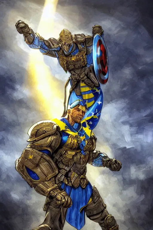 Image similar to a photo of a super soldier with a Ukrainian blue and yellow stripes flag standing in the beam of light from the clouds on a pile of skulls as a winner, masculine figure, D&D, fantasy, intricate, elegant, highly detailed, digital painting, artstation, concept art, matte, sharp focus, symmetrical, illustration, art by Artgerm and Greg Rutkowski and Alphonse Mucha