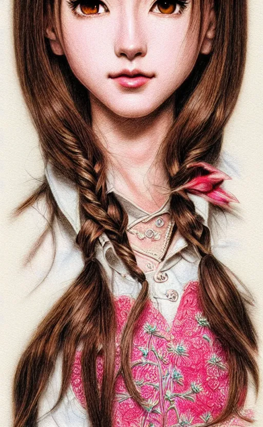 Image similar to super intricately detailed color pencil illustration of aerith gainsborough in the movie fargo. beautiful shadowing, 3 d shadowing, reflective surfaces, illustrated completely, 8 k beautifully detailed pencil illustration, extremely hyper - detailed pencil illustration, intricate, epic composition, very very kawaii, masterpiece, bold complimentary colors. stunning masterfully illustrated by artgerm and range murata.