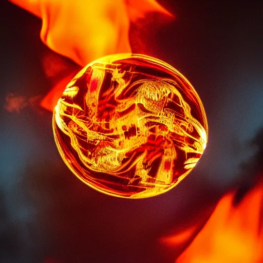 Image similar to soap bubble covered in fire flames, centered, symmetrical