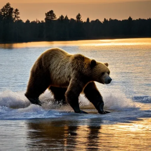 Prompt: high quality photograph of joe biden riding a bear across a river, golden hour