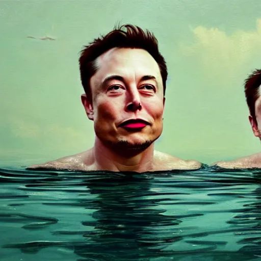 Prompt: UHD photorealistic Elon Musk and Dagon in a hot tub, in the style of tonalism by Greg Rutkowski, trending on Artstation, hyperrealistic, correct details, symmetrical faces