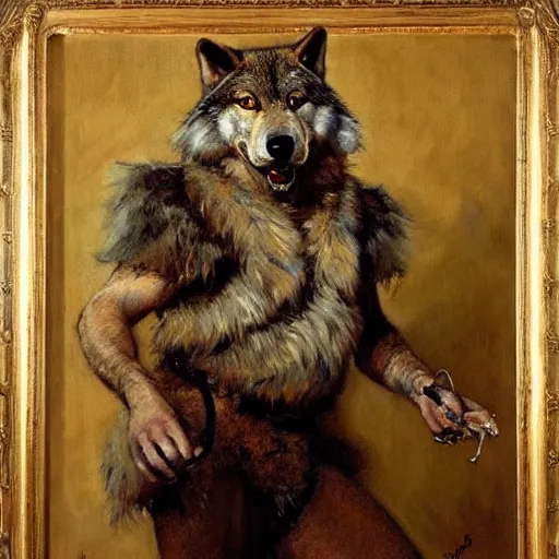 Prompt: a portrait of a furry wolf wearing clothes, hairy, furry body, furry chest, furry arms, furry legs, tail. highly detailed painting by gaston bussiere, craig mullins, j. c. leyendecker, furry