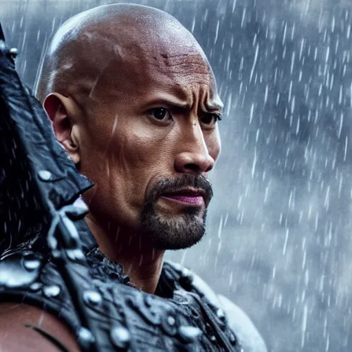 Prompt: Dwayne Johnson as samurai , under rain, dramatic, war ambience, an film still