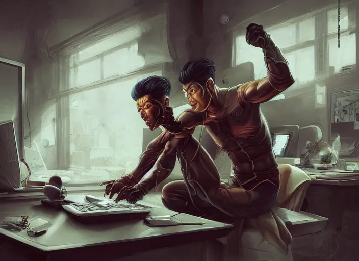 Image similar to an insanely detailed painting of an asian man wearing a homemade superhero costume, sitting at a desk, staring seriously at the computer and typing, in the style of peter mohrbacher, james jean, artgerm, dramatic lighting and composition, surreal background, octane render, pixar, trending on artstation, concept art, comic book, view from behind, 8 k