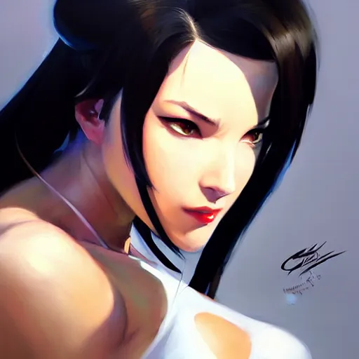 Image similar to Greg Manchess portrait painting o Tifa Lockheart as Overwatch character, medium shot, asymmetrical, profile picture, Organic Painting, sunny day, Matte Painting, bold shapes, hard edges, street art, trending on artstation, by Huang Guangjian and Gil Elvgren and Sachin Teng