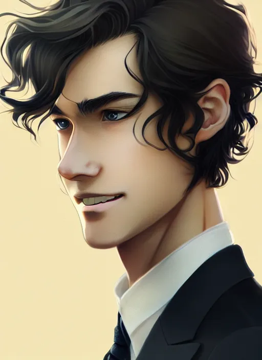 Image similar to young man with medium - length, curly, golden hair, perfectly proportioned face, aquamarine eyes, sweet smile, wearing a black suit, natural lighting, path traced, highly detailed, high quality, animation art, digital painting, by new haicheng and studio ghibli