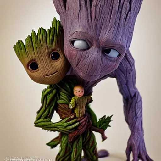Prompt: adult Groot holding baby Groot,
