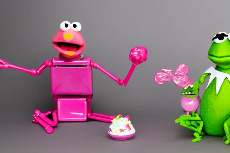 Prompt: a still the muppets of kermit the frog made out of candy next to a robot mrs piggy