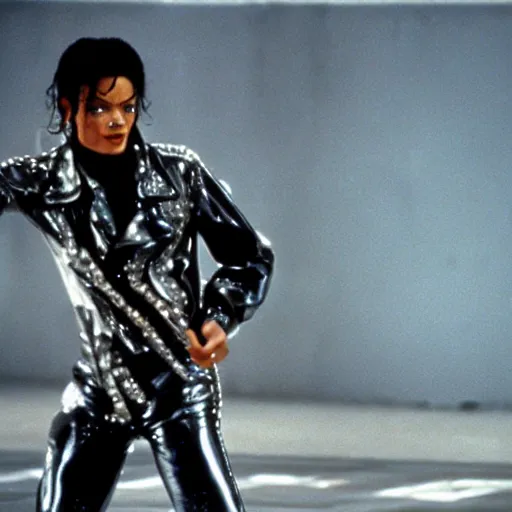 Image similar to michael jackson as the t - 1 0 0 0 in terminator 2, photo, still frame, cinematic