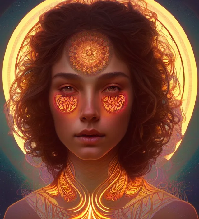 Image similar to symmetry!! portrait of hippie girl, glowing skin mandala!! serene, intricate, elegant, highly detailed, digital painting, artstation, concept art, smooth, sharp focus, illustration, art by artgerm and greg rutkowski and alphonse mucha, 8 k