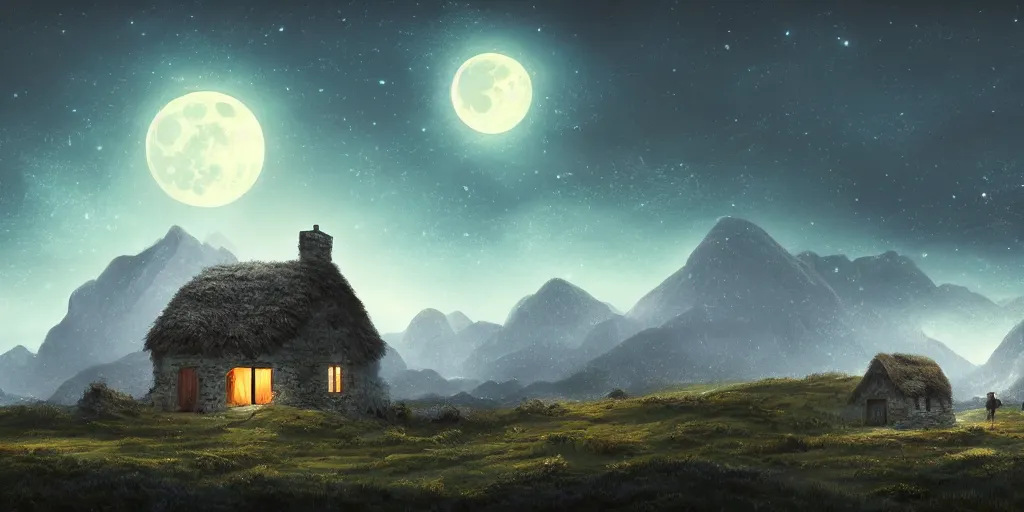 Image similar to Void covered fields with large mountains in the distance, small cottage in the foreground, nighttime, moon in the night sky, landscape wallpaper, d&d art, fantasy, painted, 4k, high detail, sharp focus