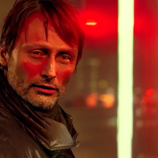 Prompt: mads mikkelsen in the pouring with red light shining on him, rain, film still, futuristic new york city, night time,