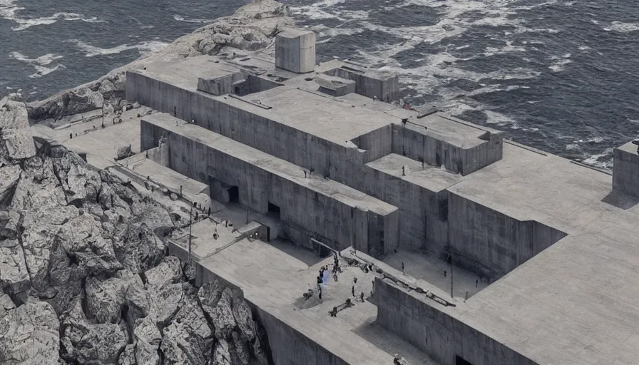 Image similar to big brutalist imperial military base on cliffs, drawing architecture, cinematic shot by greig fraser, very long shot, top angle, imperial architecture in rogue one, pritzker architecture prize, brutalism architecture, jan urschel