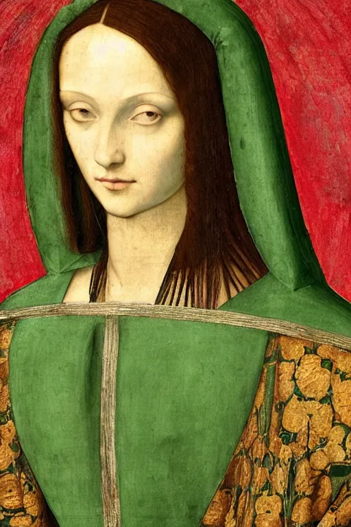 Prompt: a fresco of a renaissance Portrait of slim shapely pale young queen jezebel wearing gilded red robes, long black hair, green eyes, painted by Leonardo da Vinci