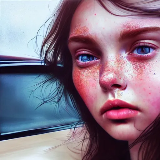 Image similar to beautiful hyperrealism hyperdetailed selfie of a cute young woman sitting in her car, flushed face, red blush, light freckles, puffy lips, soft features, 8 k, sharp focus, art by irakli nadar, instagram