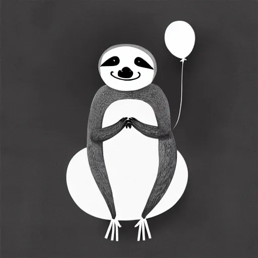 Prompt: book illustration of a sloth holding balloons, book illustration, monochromatic, white background, black and white image