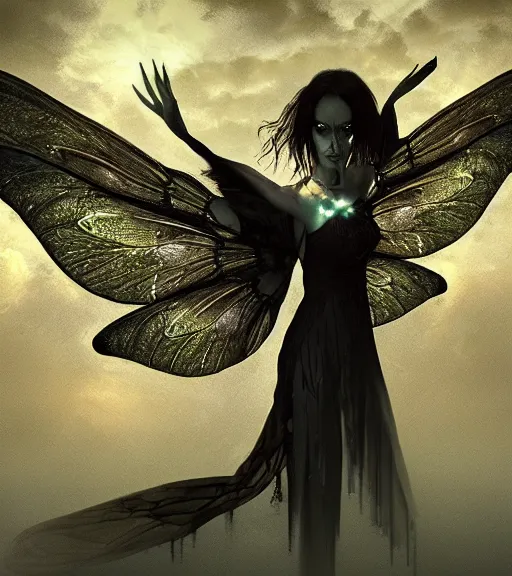 Image similar to gothic fairy with dragonfly wings, digital painting, liminal eerie midnight backlit, a picture taken by Michael Komarck and Karl Simon Gustafsson