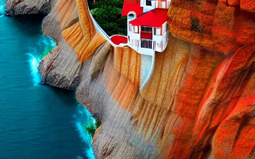 Image similar to architecture of a villa on a cliff, aerial view, orange and red color scheme, vivid colors, photorealist, 4 k