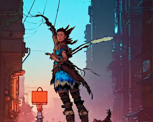 Prompt: Aloy of horizon zero dawn in a street with lamps, road, illustration, wide shot, subtle colors, post grunge, concept art by josan gonzales and wlop, by james jean, Victo ngai, David Rubín, Mike Mignola, Laurie Greasley, highly detailed, sharp focus, Trending on Artstation, HQ, deviantart, art by artgem